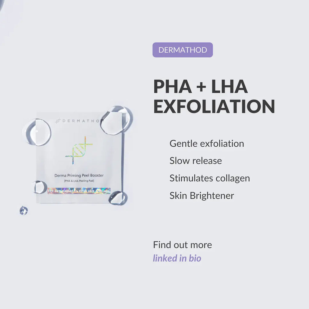 Dermethod PHA + LHA exfoliation product with packaging and text on a light gray background
