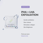 Dermethod PHA + LHA exfoliation product with packaging and text on a light gray background
