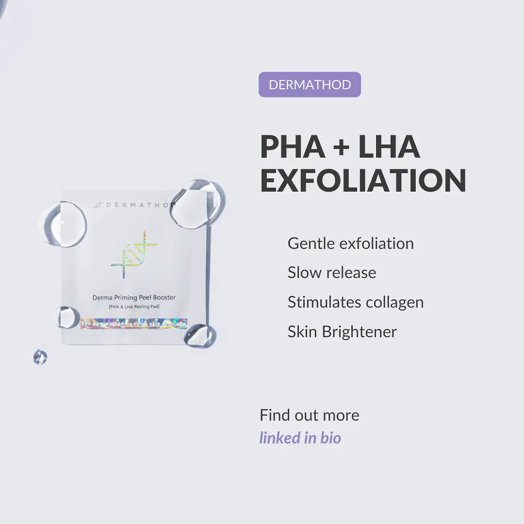 Dermethod PHA + LHA exfoliation product with packaging and text on a light gray background