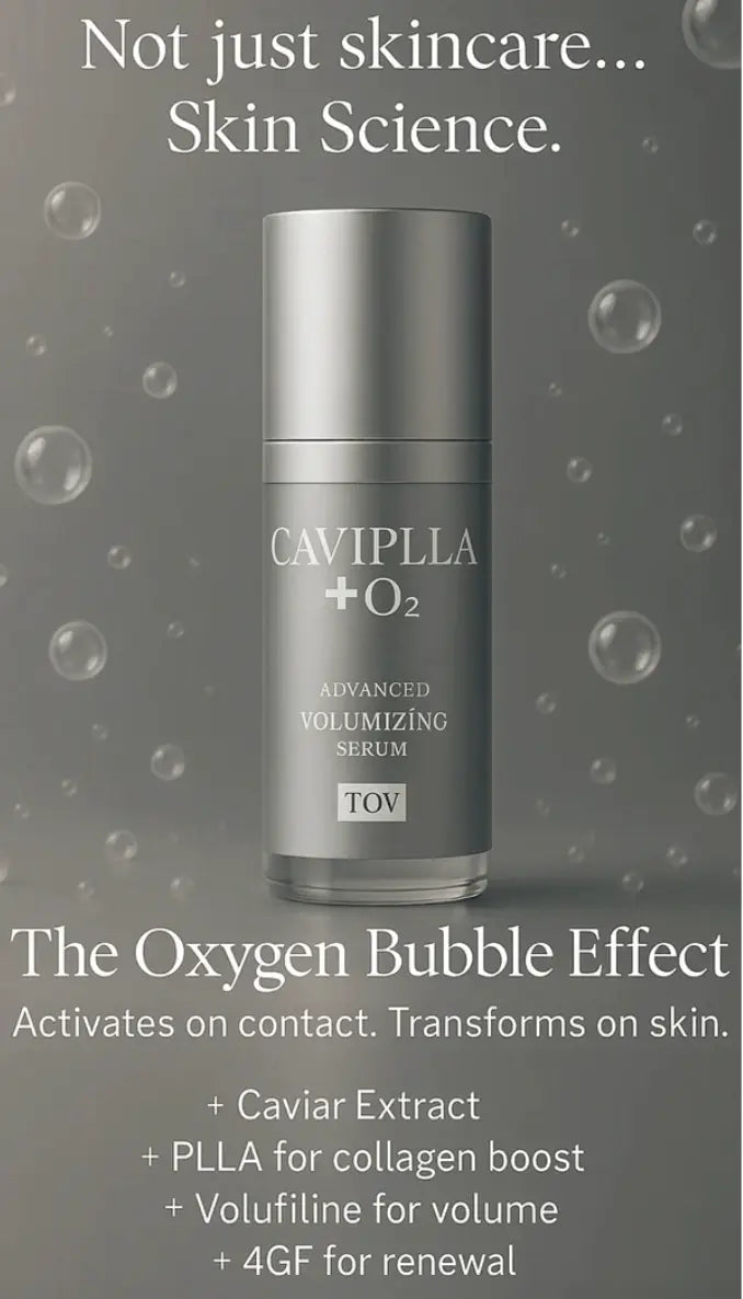 CaviPilla + O2 Advanced Volumizing Serum bottle with bubbles and description