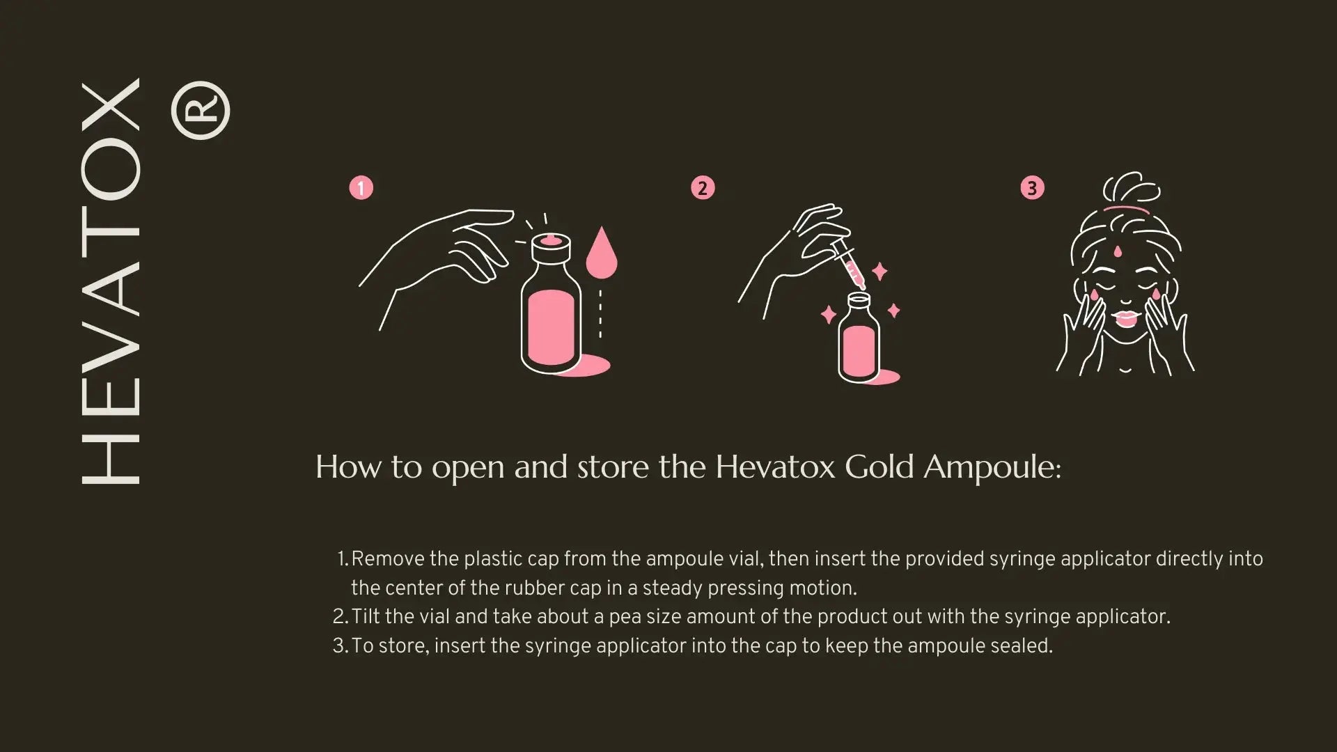Instructional diagram on how to open and store Hevatox Gold Ampoule with text and illustrations.