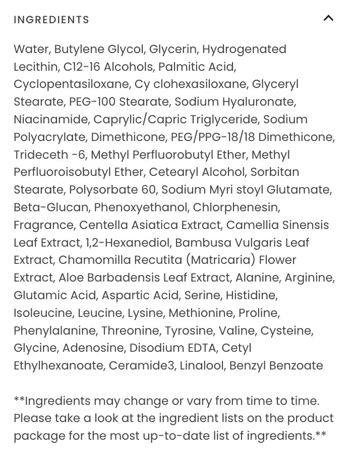List of ingredients for a product on a white background