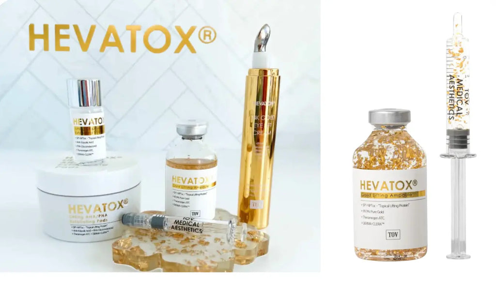 HEVATOX skincare and wellness products on a white background