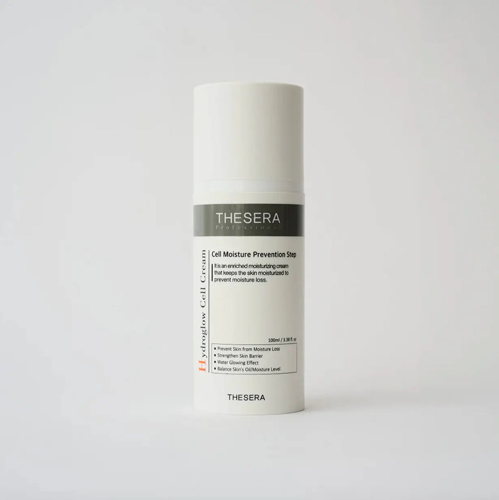 Skincare bottle labeled 'THE SERA' on a light gray background