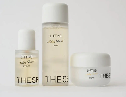 Three skincare products from L-Fting on a light gray background